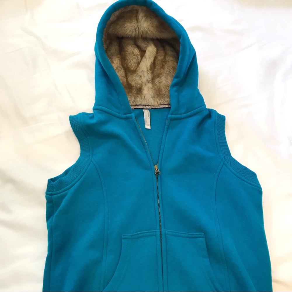 Old Navy blue zip up vest with faux fur hood